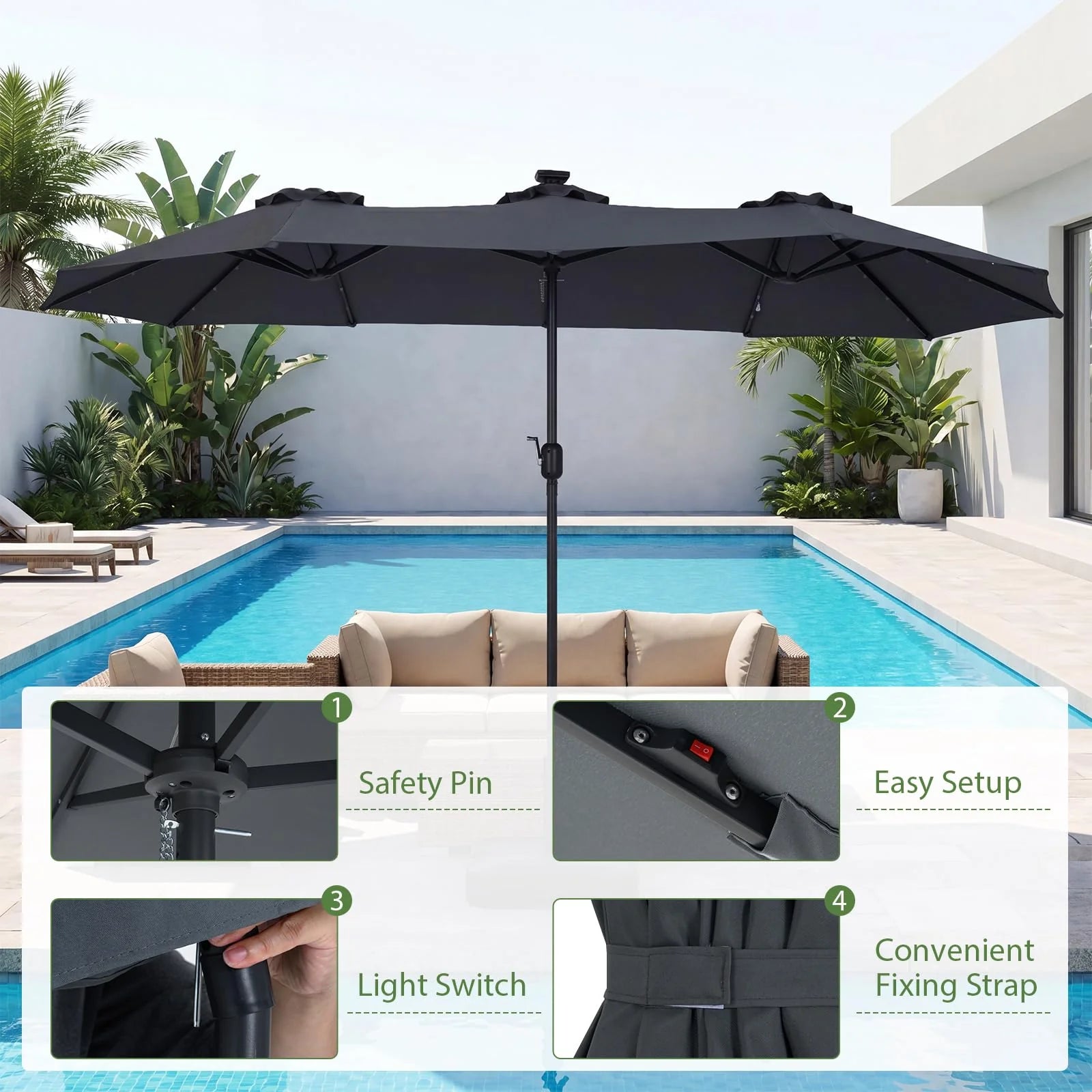 Tangkula 13 Ft Solar Patio Umbrella 36 LED Lights Crank Handle 12 Sturdy Ribs