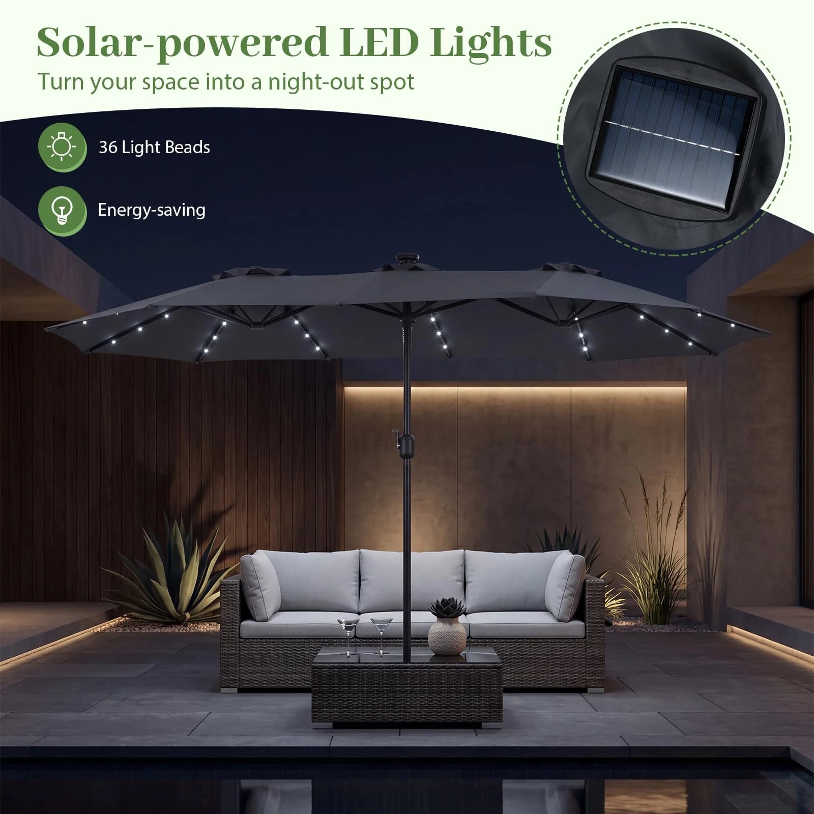 Tangkula 13 Ft Solar Patio Umbrella 36 LED Lights Crank Handle 12 Sturdy Ribs