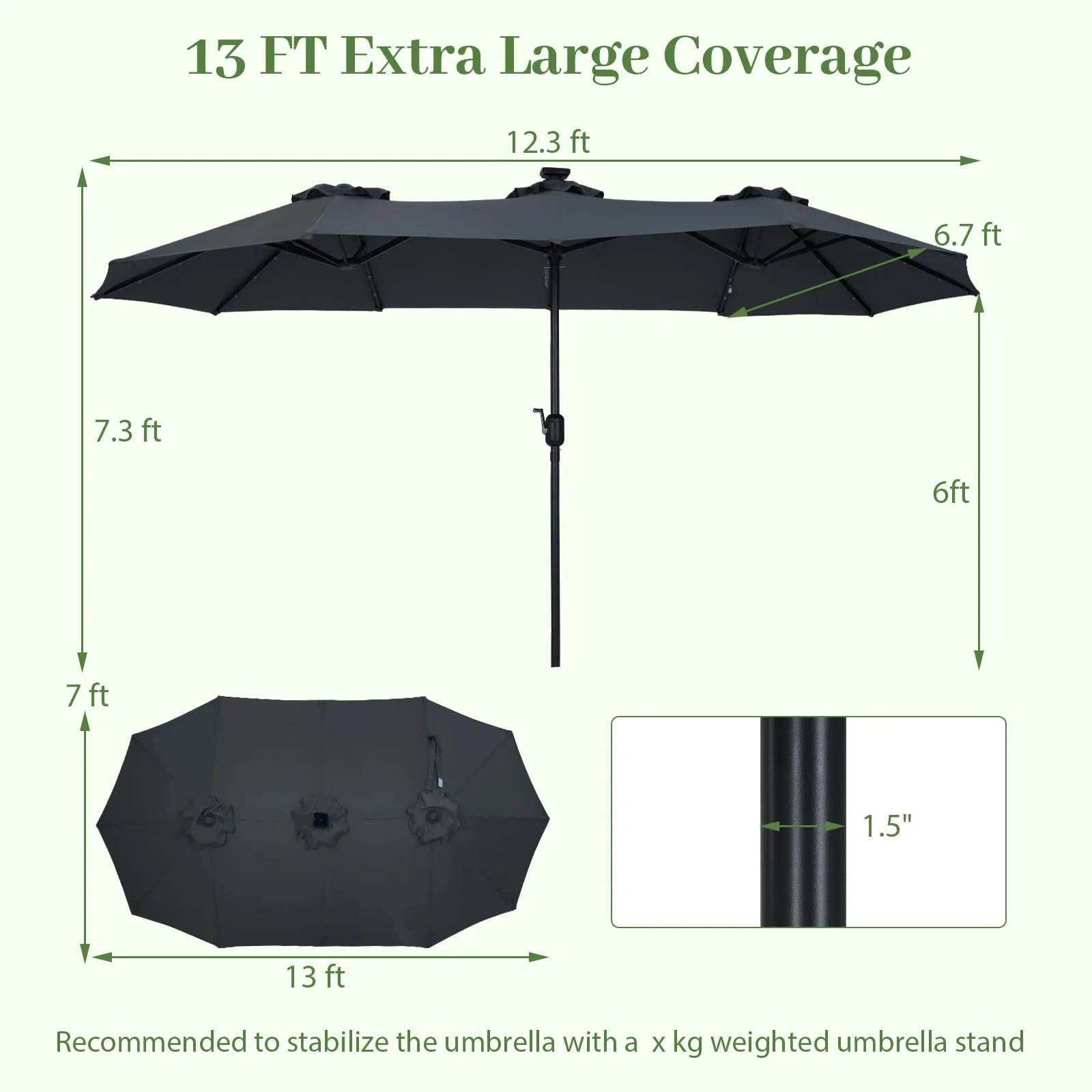 Tangkula 13 Ft Solar Patio Umbrella 36 LED Lights Crank Handle 12 Sturdy Ribs