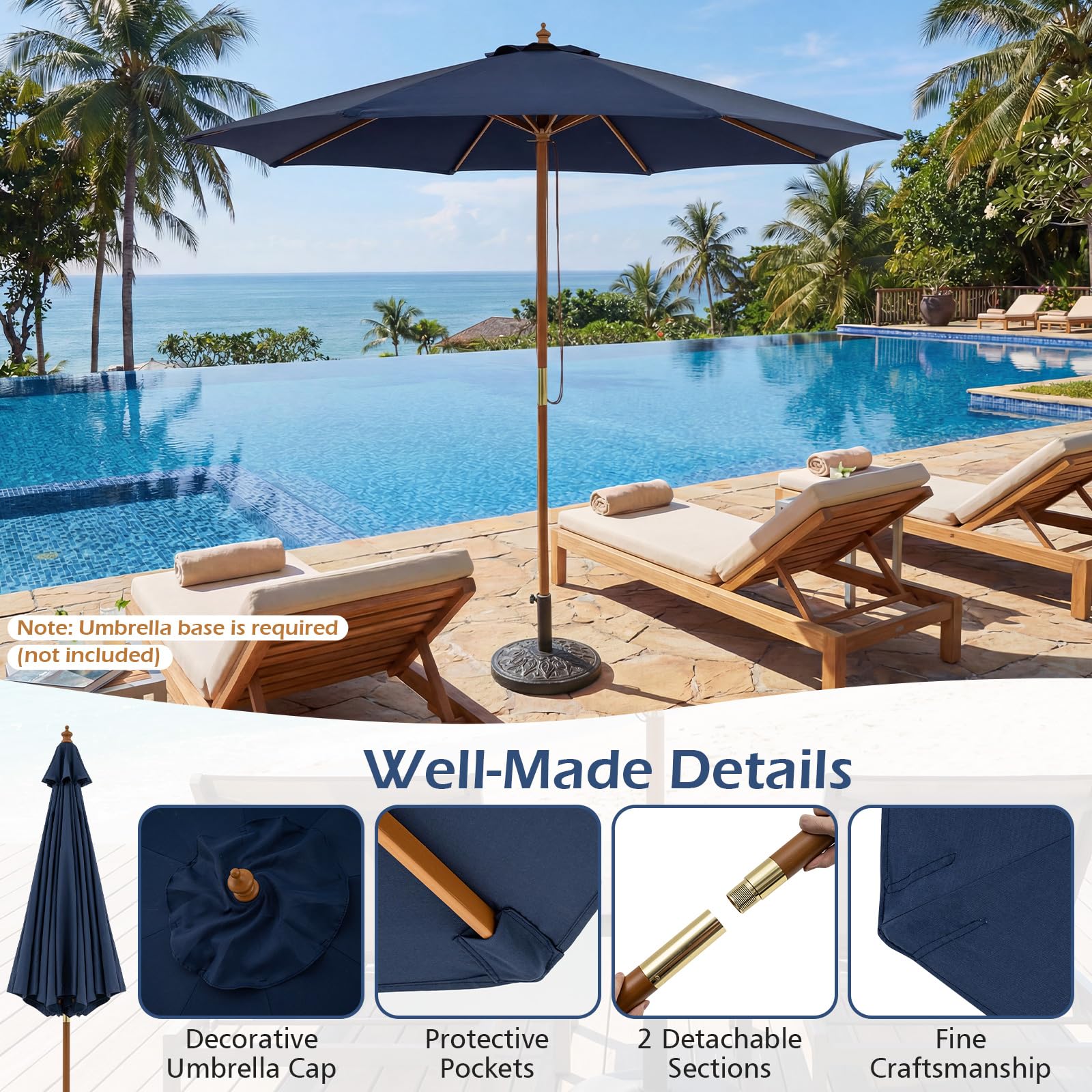Tangkula 9 FT Patio Umbrella | Outdoor Table Market Umbrella with 8 Wooden Ribs